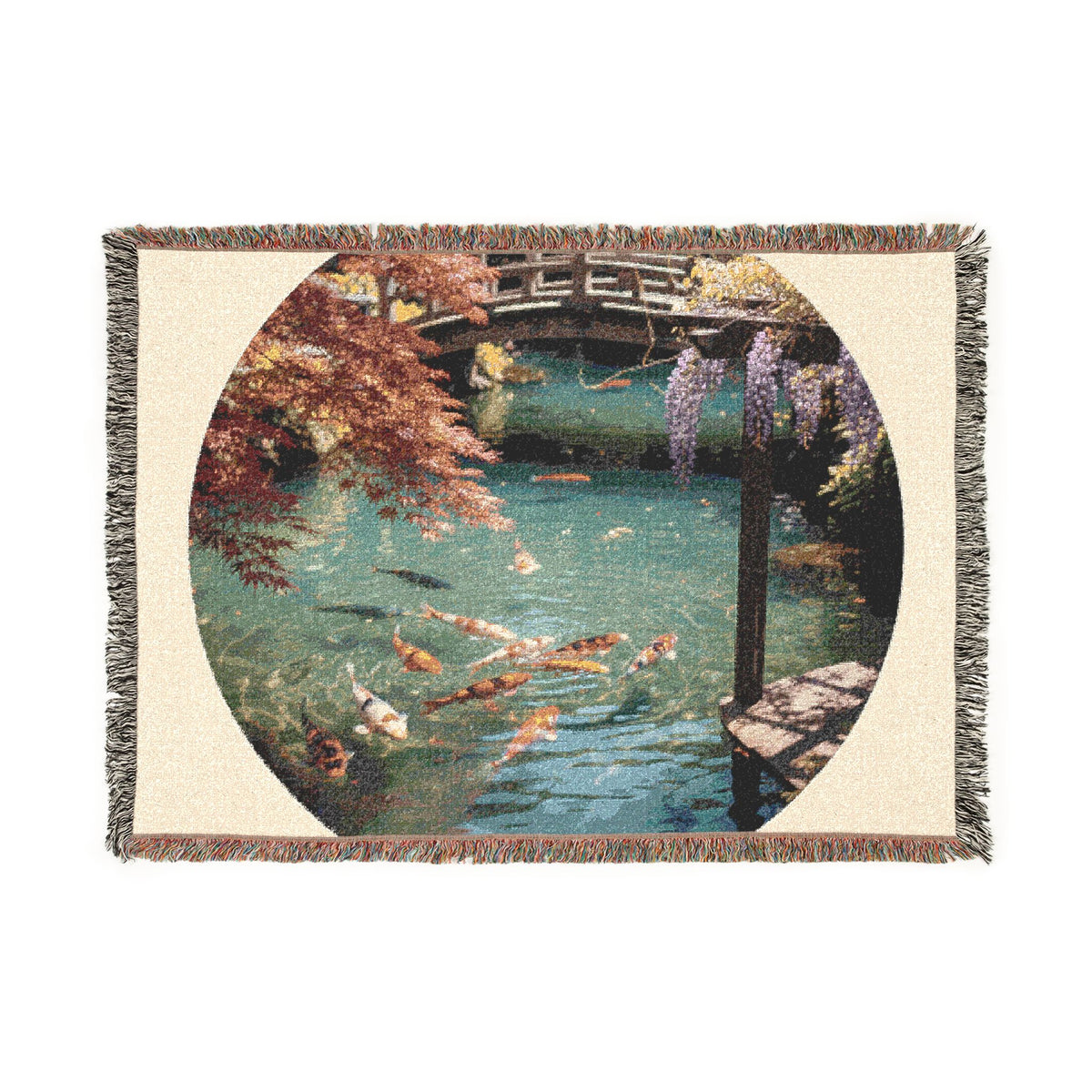 Koi Pond Scene Woven Blanket | Japanese Garden Koi Fish Tapestry Throw