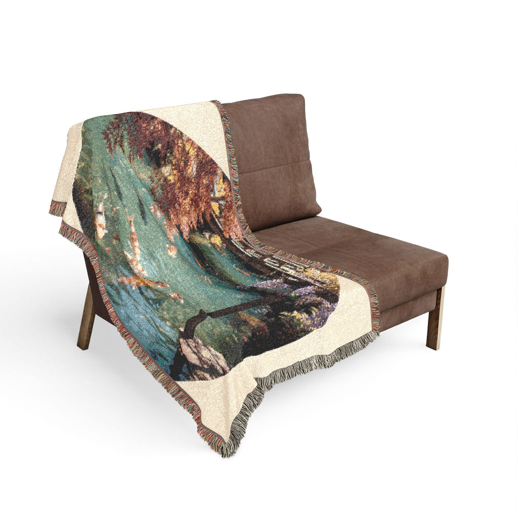 Koi Pond Scene Woven Blanket | Japanese Garden Koi Fish Tapestry Throw
